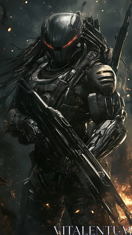 Helmed cybernetic hunter amid burning battlefield haze.