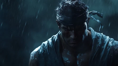 Rain-soaked warrior portrait with cinematic low-key rim lighting