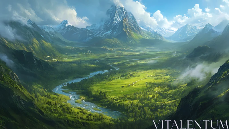 Sunlit alpine valley with winding river and distant peaks.