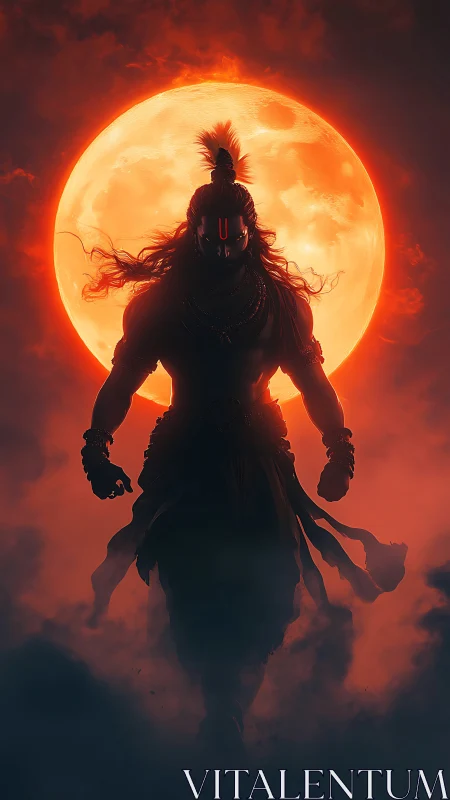 Silhouetted mythic warrior before full blood-red moon