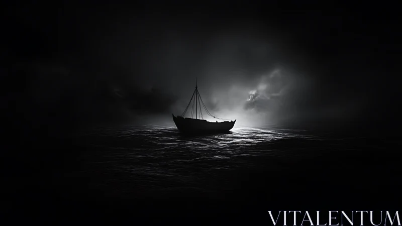 Lonely wooden boat drifts through moonlit darkness at sea