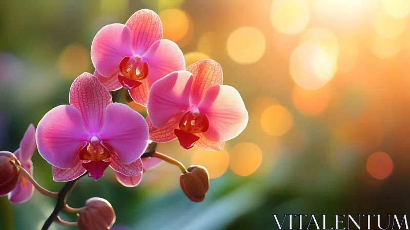 Pink Orchid Blossoms Against Golden Bokeh.
