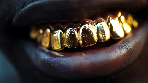 Golden dental grill gleams in extreme close-up portrait.