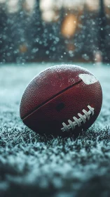 Snow‑dusted football rests on frosty turf at winter dusk.