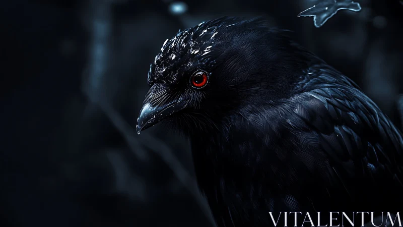 Hyperrealistic Black Raven With Crimson Eyes Rendered in Advanced 3D Graphics