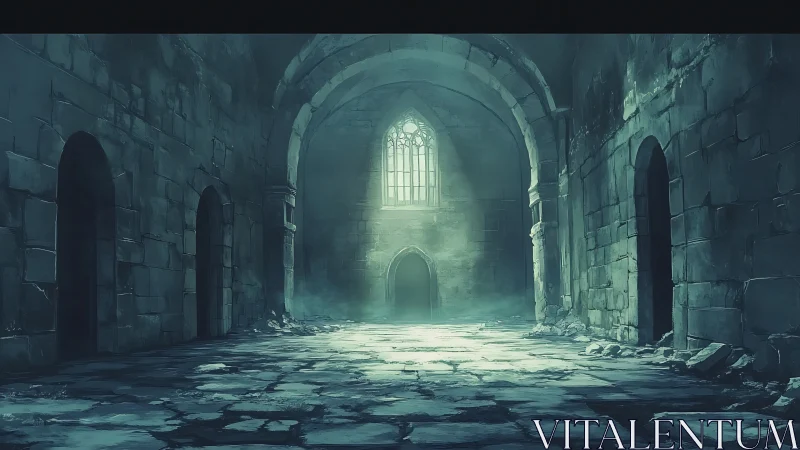 Moonlit ruin hall where stone arches brood in silence.