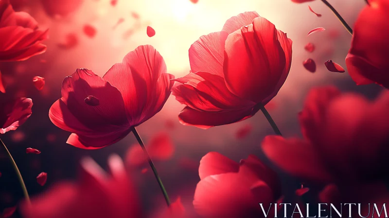 Red Tulips Backlit Against Golden Dawn Light.
