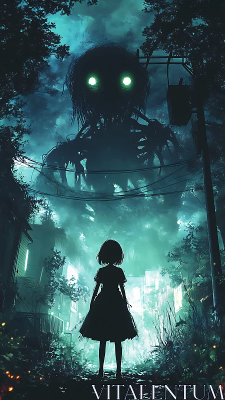 Midnight alley standoff with a glowing-eyed forest colossus.