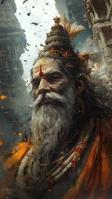 Elder mystic stands amid crumbling temples and sacred fire