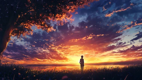 Gentle sunset sky welcomes a quiet figure into evening light