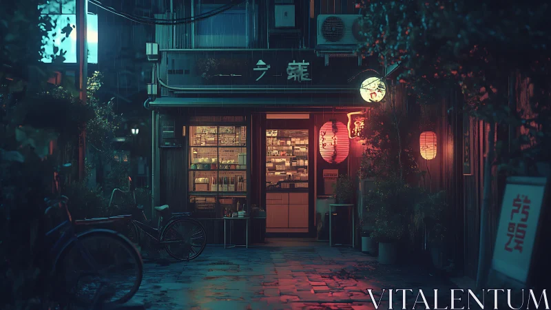 Nighttime alley storefront with lanterns and bicycles.