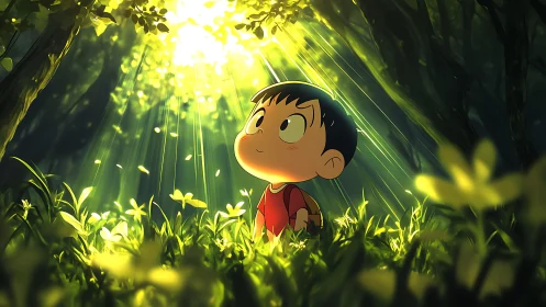 Curious child in sunlit forest clearing under golden rays.