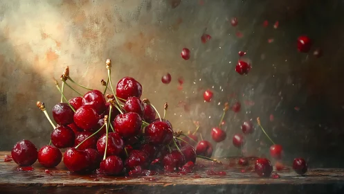 Bursting red cherries dance in a lively splash of freshness