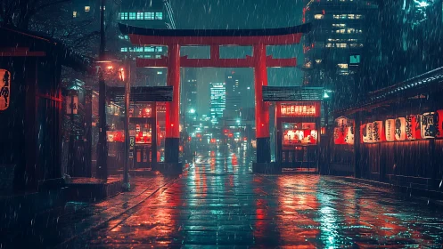 Neon rain drapes a torii gate in electric city twilight.