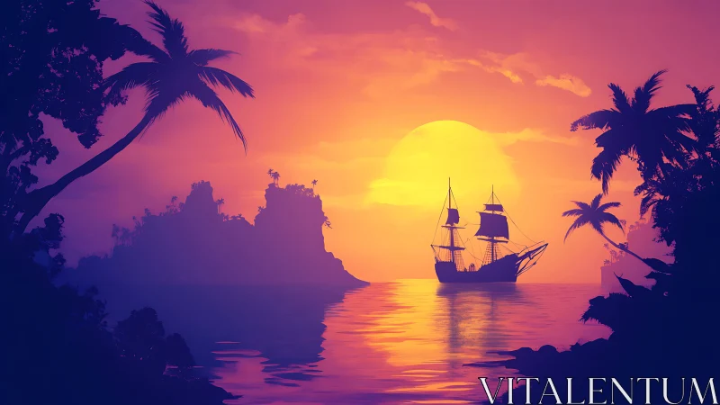 Sunset clipper silhouette in neon tropical bay seascape.