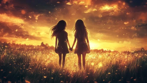 Silhouetted girls in luminous meadow under burning sunset sky.