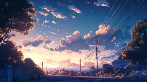 Sunset road with power lines over quiet rural landscape.