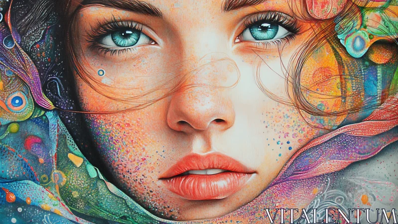 Dreamy blue-eyed portrait wrapped in swirling colors.