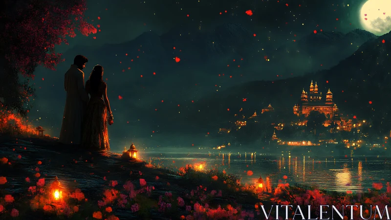 Moonlit Engagement: Couple Overlooking Illuminated Castle by Water.