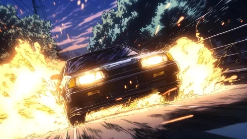 Street racer car slices night road through blazing fire.