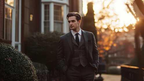 Sunlit urban promenade with tailored three piece suit portrait.