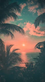 Retro-tinted tropical sunset glows softly above calm ocean
