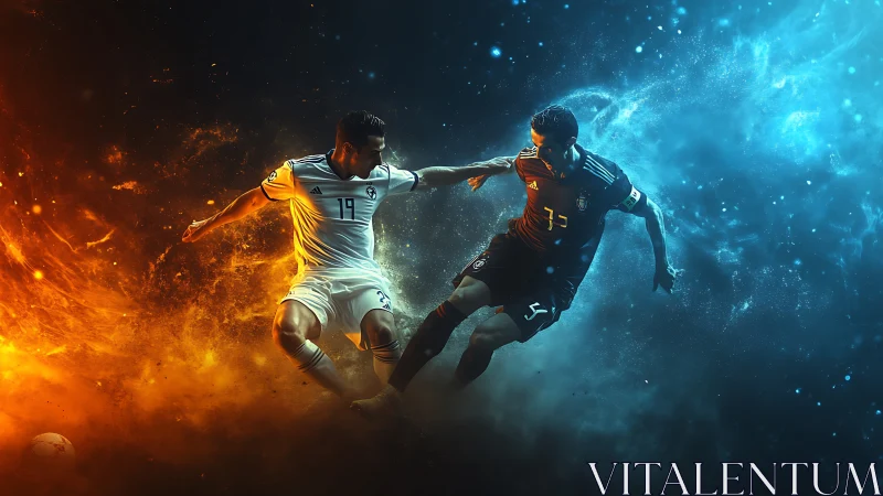 Dueling cosmic footballers clash between fire and frost fields.
