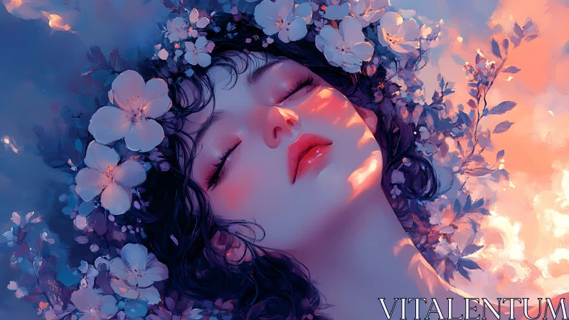 Dreamlike floral portrait in luminous pastel dusk palette.