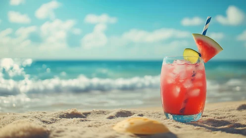 Tropical Watermelon Cocktail on Sandy Beach.