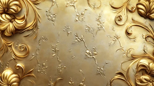 Gold floral baroque pattern with raised ornamental swirls.