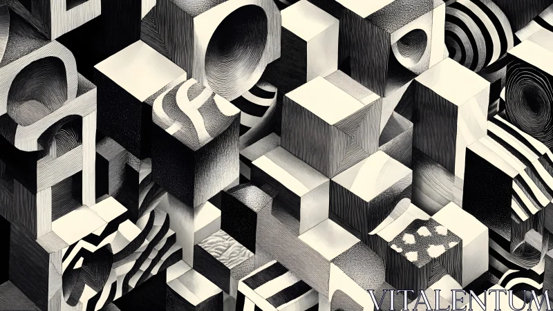 Isometric cube grid with intricate line-hatched optical depth variations