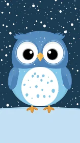 Vector blue owl under stylized snowfall on polar horizon.