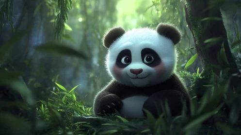 Cute baby panda rests in lush misty bamboo forest