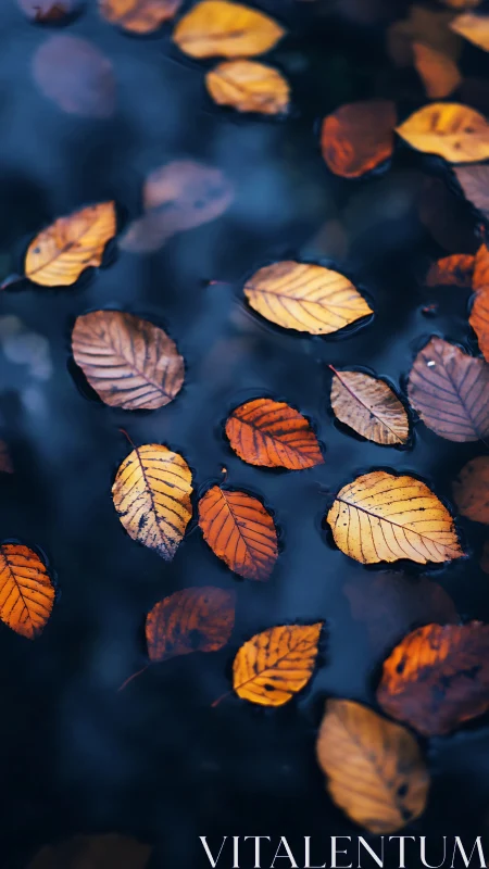 Drifting ember leaves on midnight water hush.