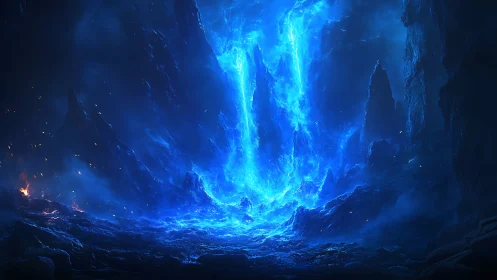 Luminescent blue energy cascade floods obsidian chasm