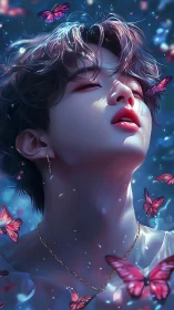 Ethereal youth bathed in blue light breathes among butterflies