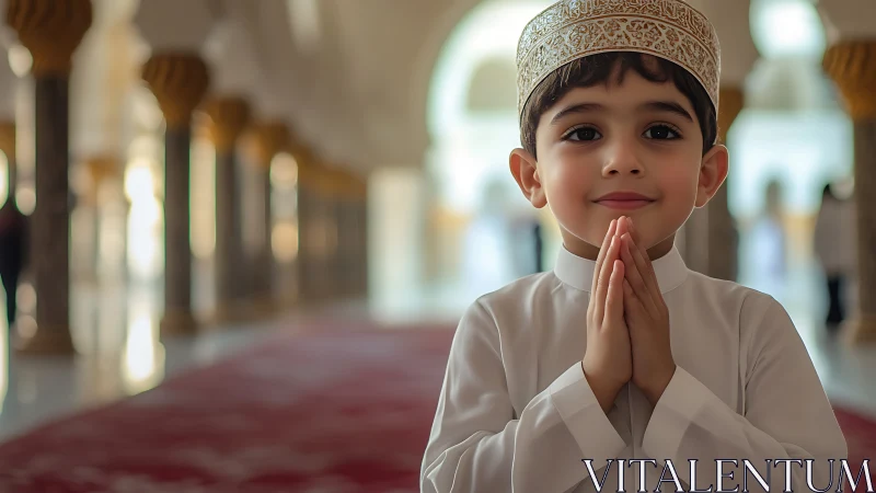 Smiling boy prays quietly inside ornate sunlit mosque interior.