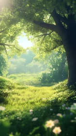 Forest clearing with tree canopy and daisies.