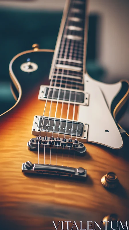 Close-up view of sunburst electric guitar body and strings.