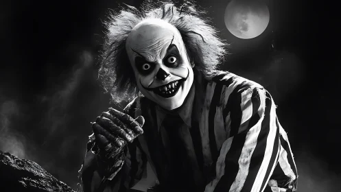Grinning horror clown leans forward under full moonlight
