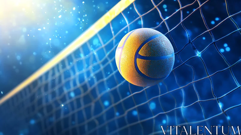 Volleyball crossing net under luminous blue arena lights.