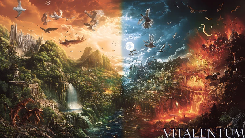 Heaven hell landscape split by glowing river of light and fire.