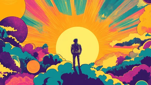 Cosmic dreamer stands before a roaring neon sunrise horizon.