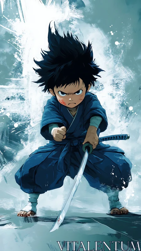 Young swordsman in blue kimono holding drawn katana.