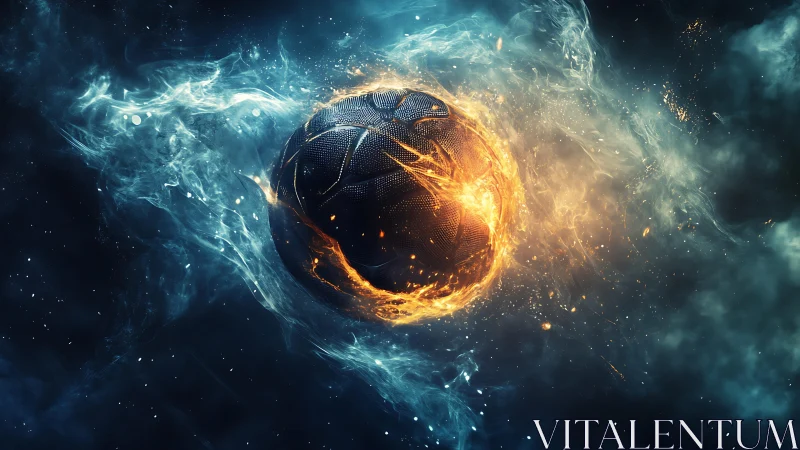 Molten basketball engulfed in bifurcated fire and plasma vortex