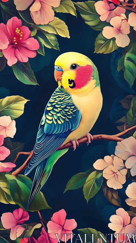 Vibrant parakeet perched amid stylized tropical blossoms