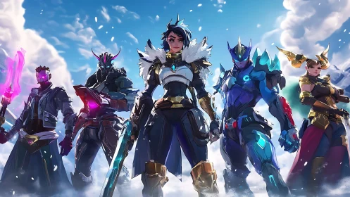 Armored fantasy heroes stand united on snowy battlefield.