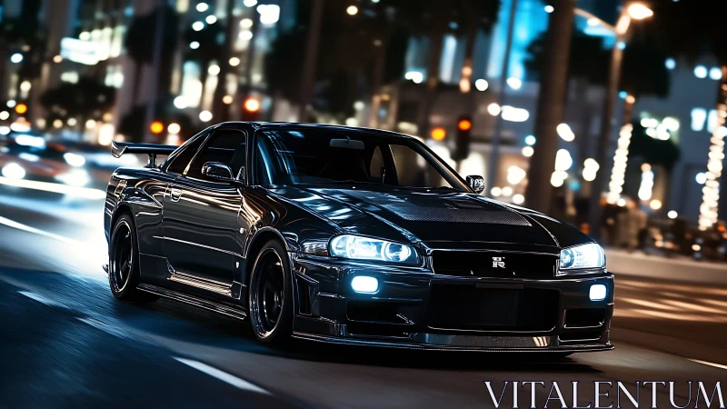 Black sports coupe races through neon-lit downtown street