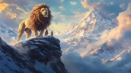 Lion and figures on snowy cliff before distant peak.
