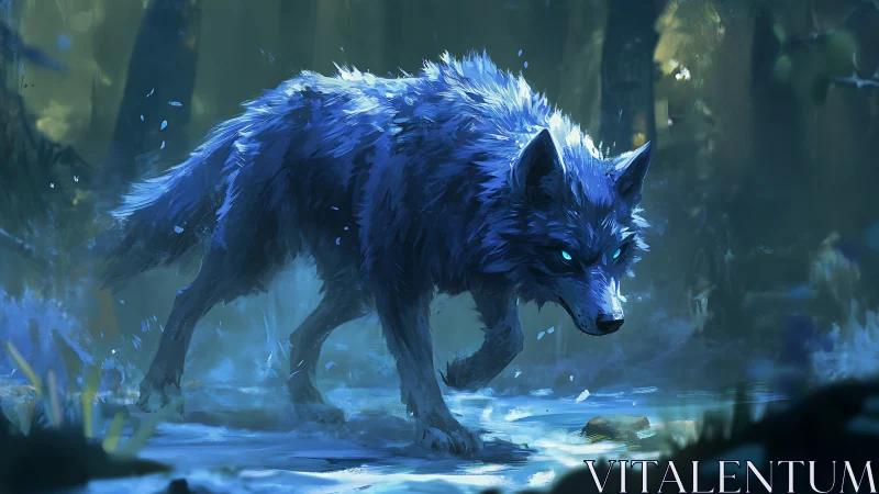 Luminous spirit wolf stalking through misty forest depths.